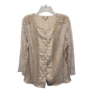 Nurture Top Large Cream Pintuck Button Up Crochet‎ Lace Blouse Holiday Spirit